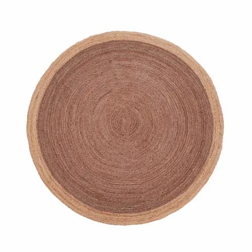 Handmade Brown Round Jute Rug with Beige Border