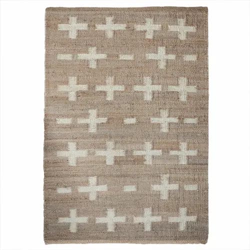 Custom Size Hand Loomed Natural Jute Hemp Rug with Off White Design