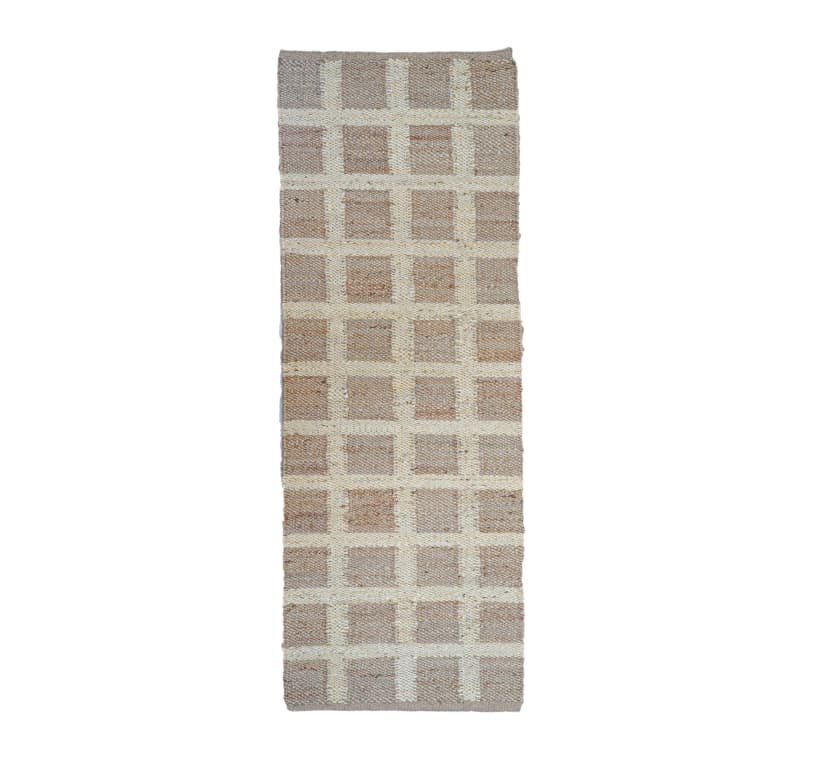 Handwoven Beige and Off White Checkered Jute Hemp Runner Rug