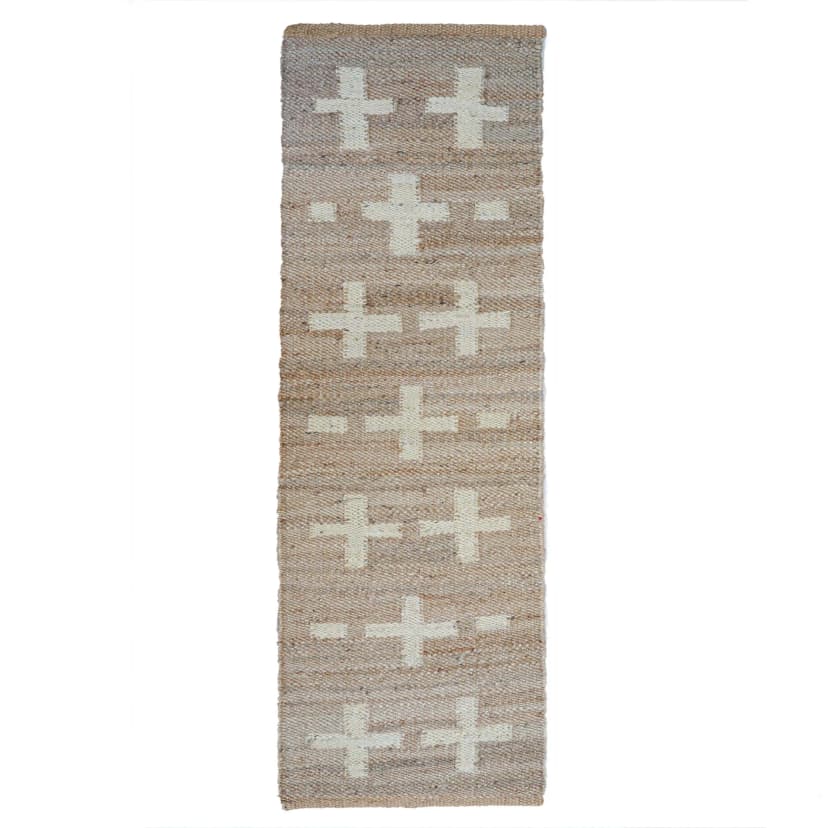 Hand Loomed Natural Jute Hemp Runner Rug with Off White Design