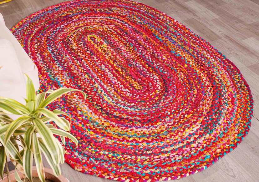 Indian Hand Braided Multicolor Cotton Oval Rug