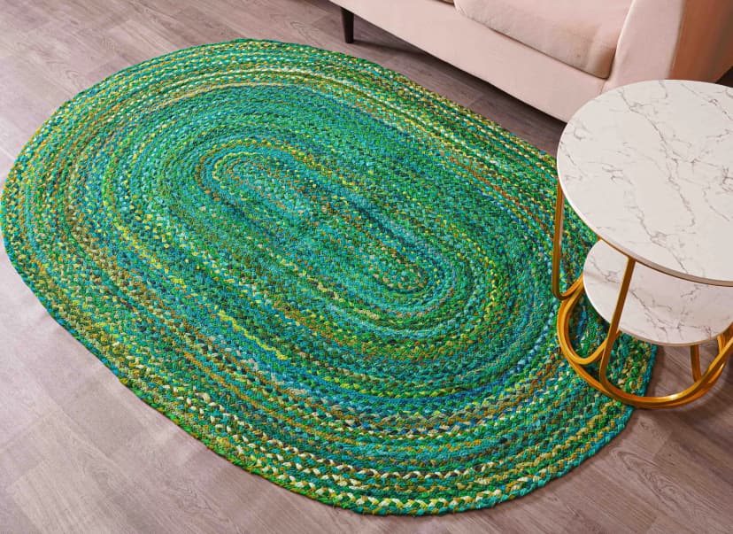 Green Cotton Handmade Oval Rug