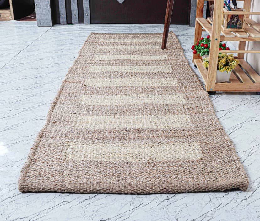 Traditional Indian Hand Woven Beige with White Stripes Large Area Jute Hemp Runner Rug Large Area Runner Hemp Jute Rug 