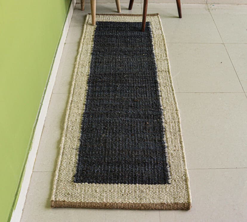Black Hemp Runner Rug with Off White Border Hand Woven Stair Decor Jute Hemp Runner Rug
