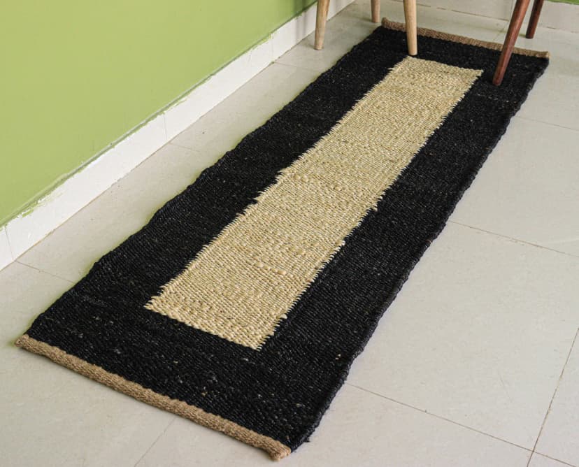 Off White Hamp Jute Runner Rug with Black Border Indian Handwoven Bohemian Jute Hemp Runner Rug Large Area Hemp Dhurrie 