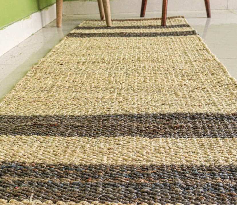 Indian Hand Loomed Off White Jute Hemp Runner Rug with Grey Stripe Line Vintage Runner Rug Handmade Hemp Runner Dhurrie Rug 
