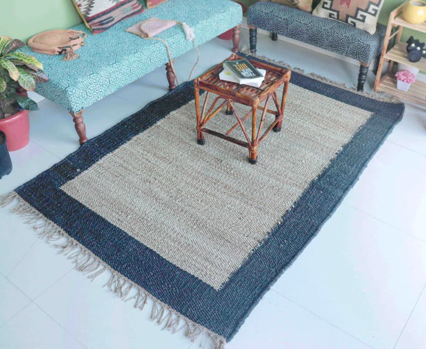 Custom Size Handwoven Large Area Off White Jute Hemp Rug with Navy Blue Border For Living Room And Kitchen Decor Rug 