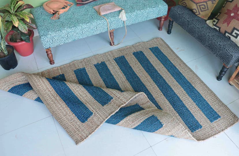Custom Size Handwoven Beige with Blue Stripes Jute Hemp Rug for Living Room Area Bohemian Vintage Hemp Jute Rug Large Area Rug Traditional Rug 