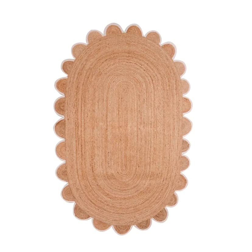 White and Red Scalloped Border Handmade Natural Jute Braided Oval Rug