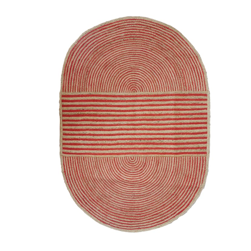 Oval Shape Handmade Braided Bohemian Natural Jute Rug with Color Stripes