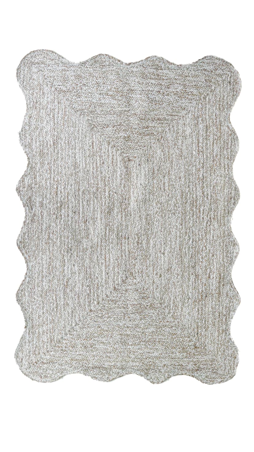 Handmade Scalloped Beige White and Grey Tie Dye Braided Rectangle Jute Rug
