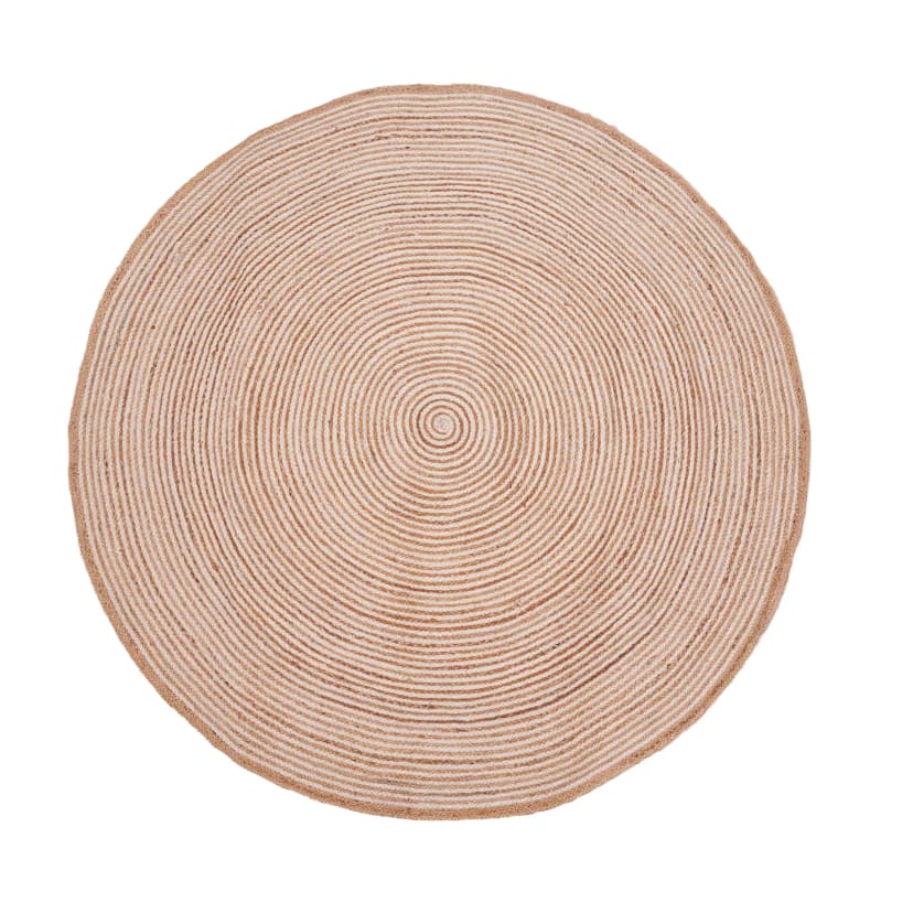 Hand Braided Round Jute Rug Beige with White and Red Tie Dye Stripes 