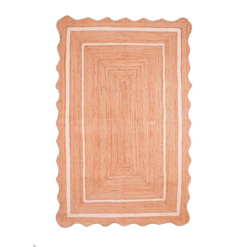 Hand Braided Rectangle Jute Rug Beige with White and Red Two Line Border 