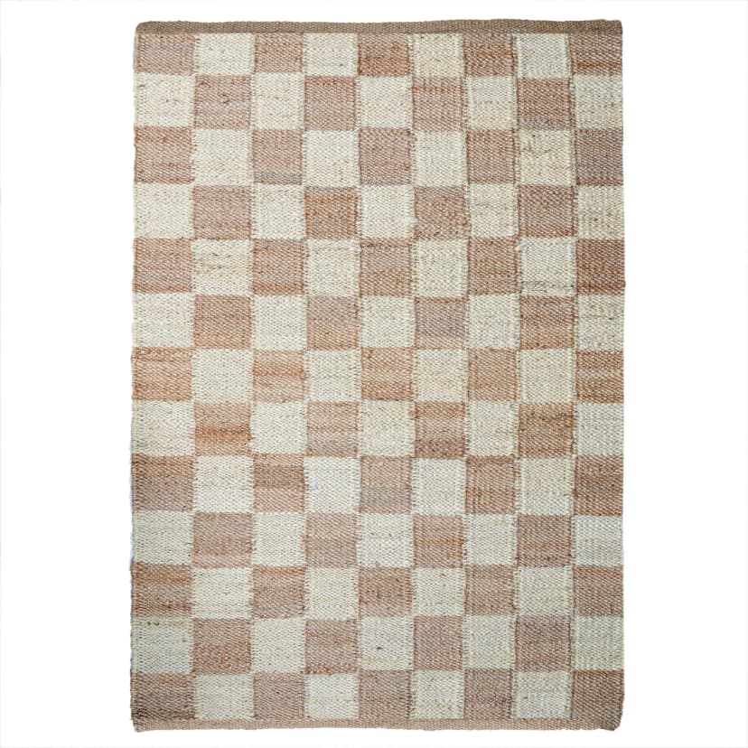 Indian Handwoven Hemp Rectangle Doormat Runner Rug Artisan Hemp Jute Rug for Your Home, Handwoven Hemp Jute Rug Beige With White Boxes Design For Home Decor Rug  