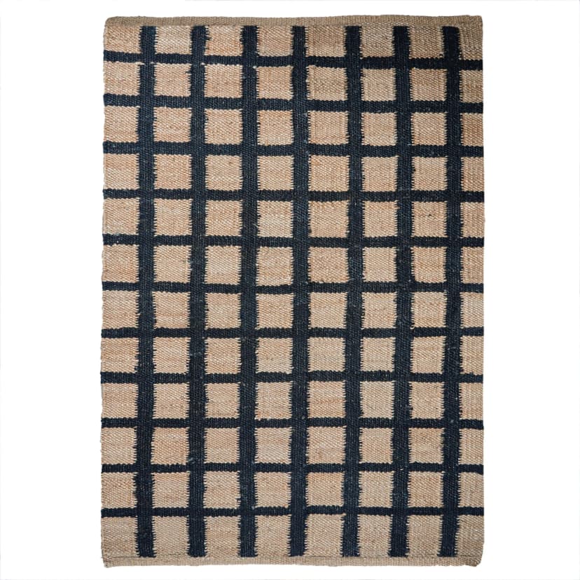 Handmade Hemp Rectangle Beige With Black Boxes Design Hemp Large Area Rug Vintage Jute Rug Traditional Dhurrie Rug Living Dining Table And Kitchen Decor Rug 