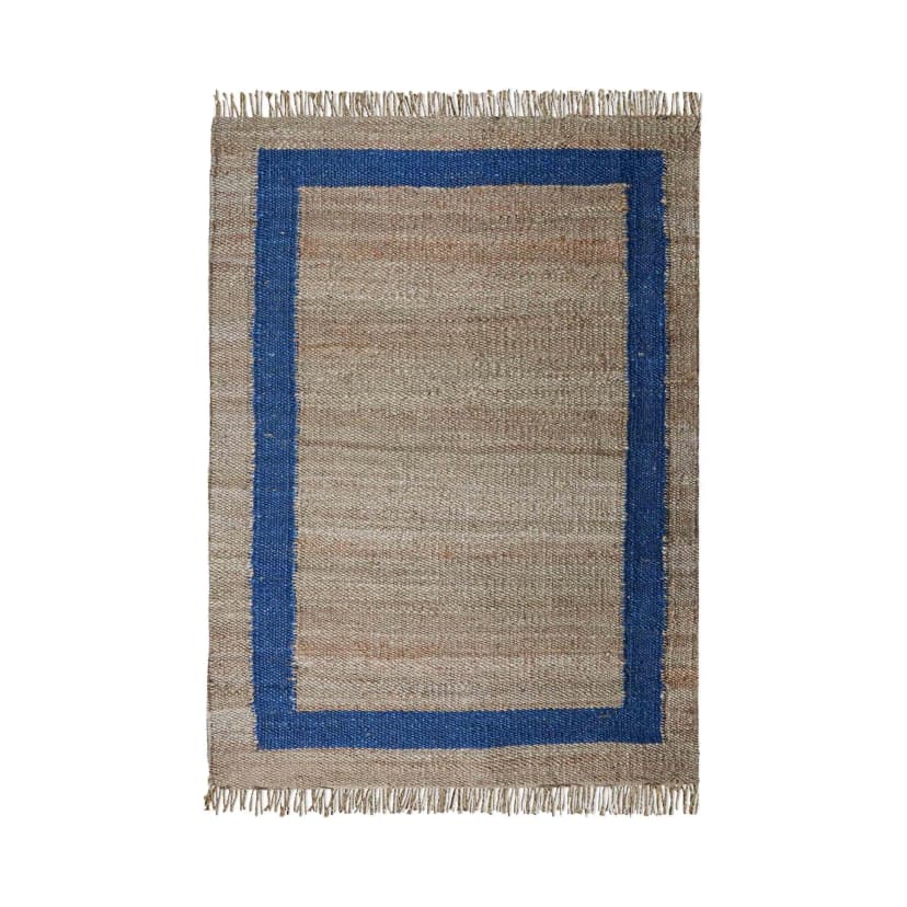 Handmade Natural Jute Hemp Rug With Blue Border Stair Decor Hemp Hand Loomed Handwoven Rugs Throw Carpet Home Decor Hemp Rug For Living Home Decor Rug 