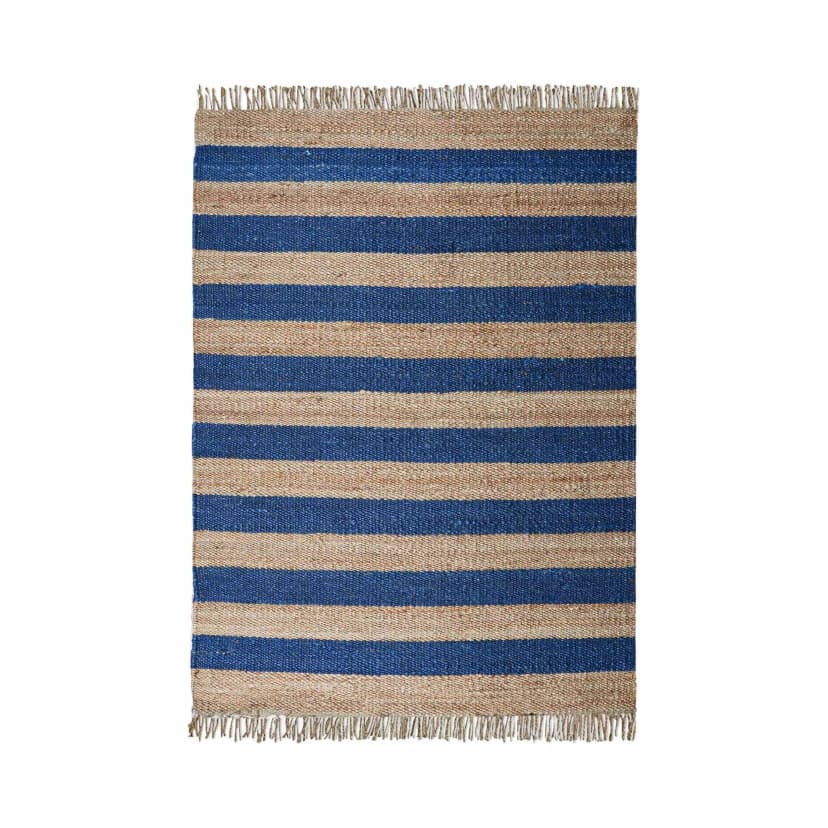Indian Handmade Beige Hemp Jute Rug With Blue Stripes Beautiful Home and Living Decor Hemp Carpet Hemp Rug for Bedroom Decor Jute Large Area Rug Living Decor Rug Fringes Jute Rug 