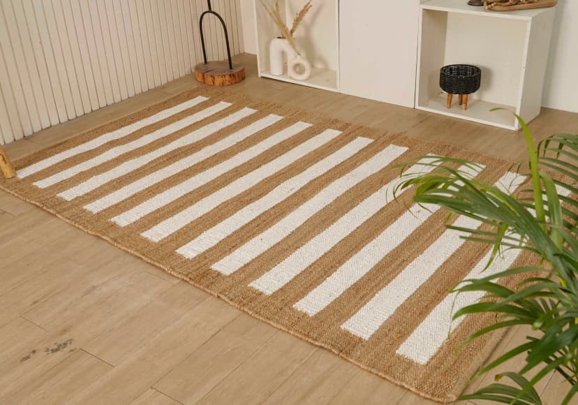 Handwoven Hemp Rectangle Jute Rug Natural Jute Rug With White Stripes Line Decor Rug For Living Room And Kitchen Decor Rug Vintage Jute Bohemian Rug Large Area Rug 