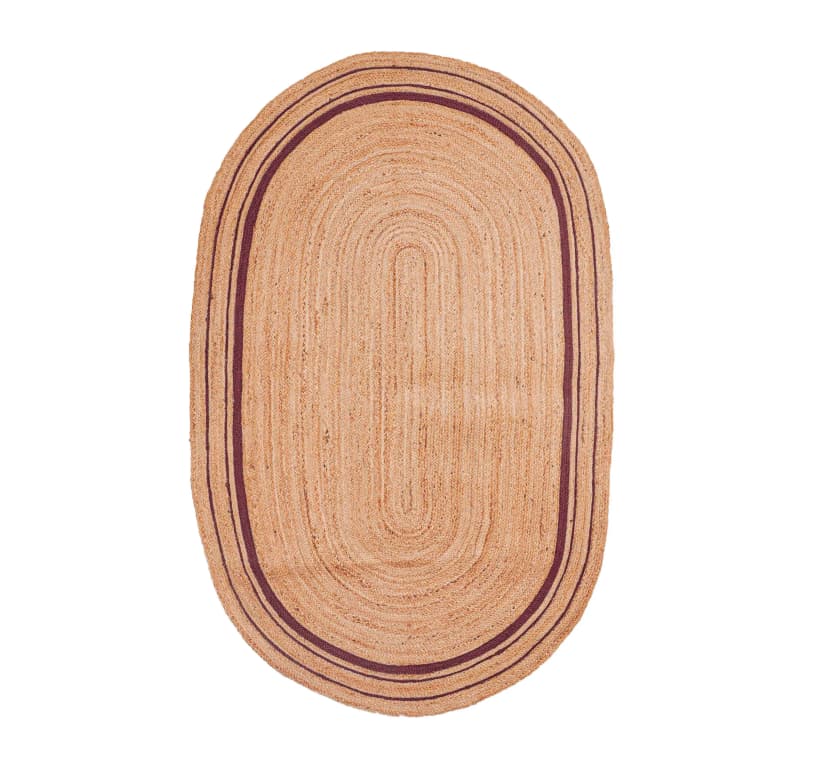 Traditional Hand Braided Natural Oval Jute Rug With Triple Line Multicolor Boder 