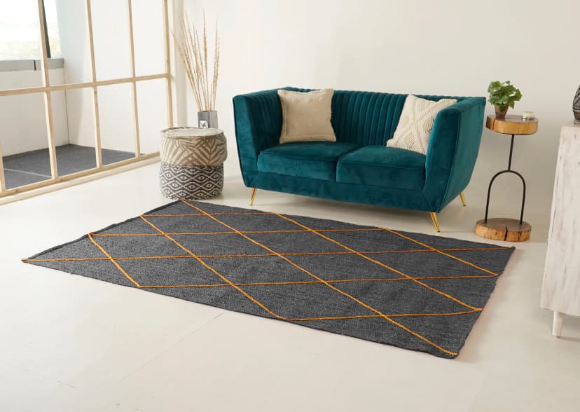 Hand Braided Grey Jute Rug With Yellow Diamond Desing Rug 
