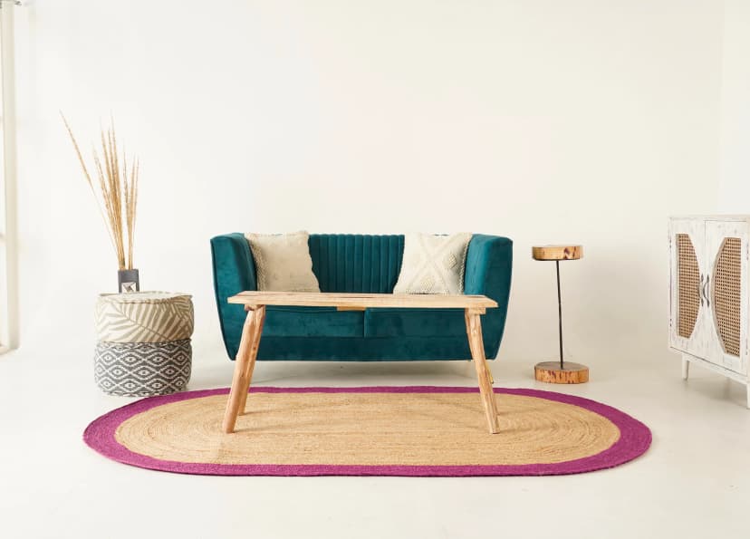 Hand Weaving Natural Oval Jute Rug With Pink Color Boder 