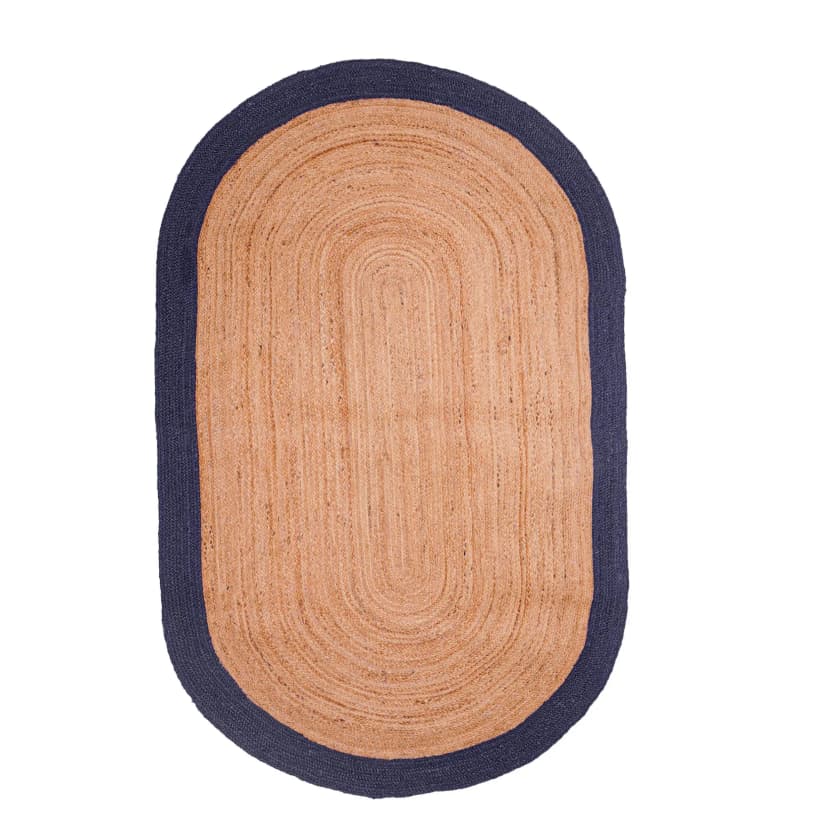 Hand Crafted Natural Oval Jute Rug With Navy Blue Color Boder 