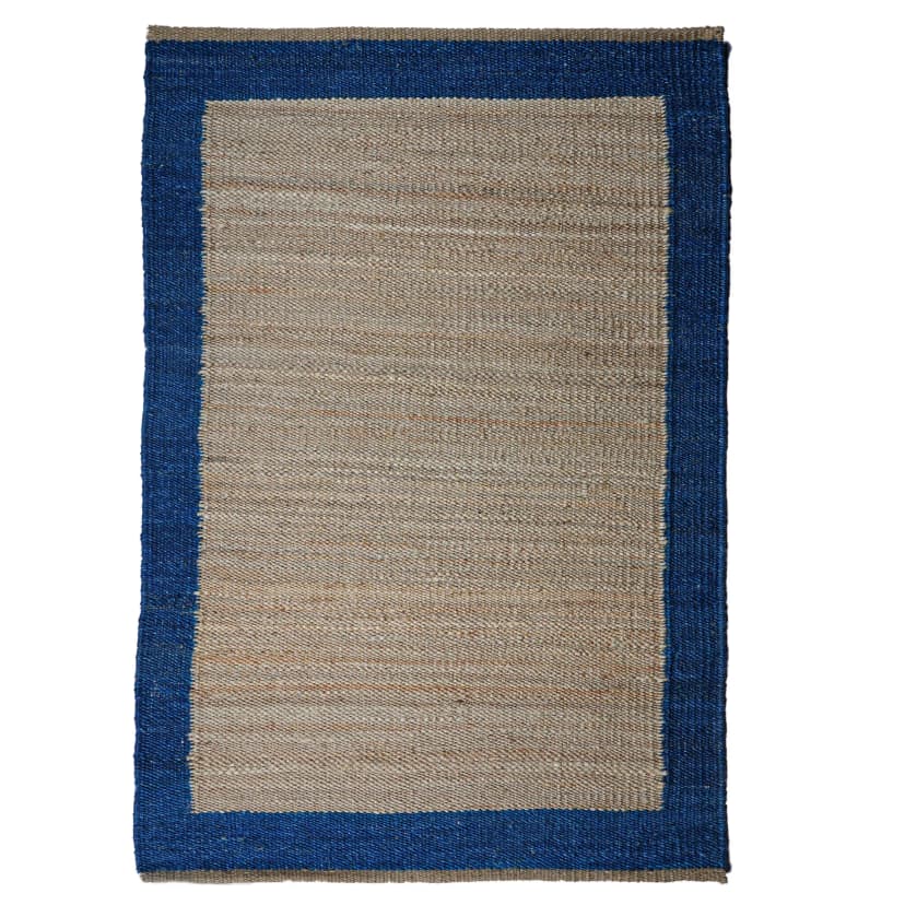 Home Decor Bohemian Beige with Blue Border Hemp Rug