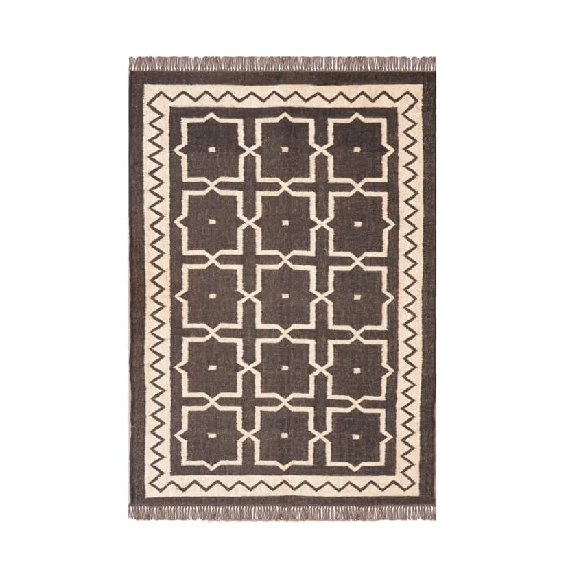 Village Art Handwoven Black with Off White Design Wool Jute Kilim Rug Traditional Indian Jute Area Rug Indian Decor Jute Rug