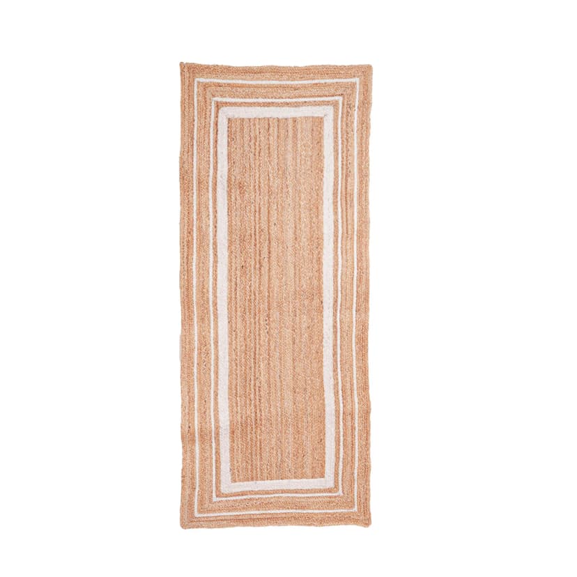 Handmade Natural Jute Braided Runner Rug with Triple Line White Border