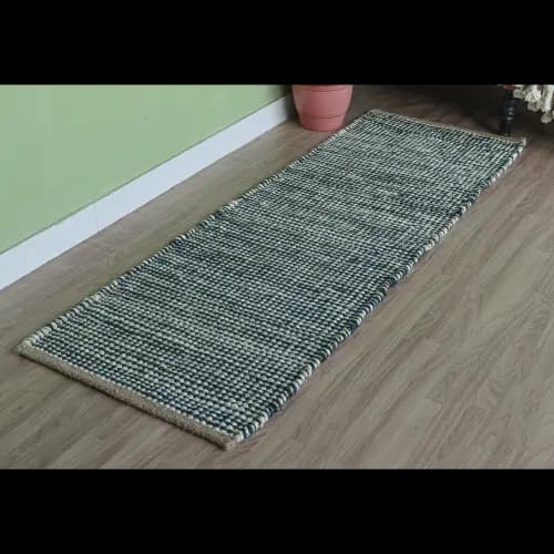 Indian Hand Loomed White and Blue Jute Hemp Runner Rug Handwoven Yoga Hemp Vintage Area Rug Doormat Hemp Runner Rug