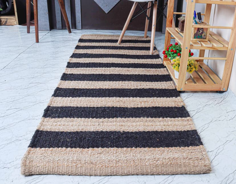 Home and Living Room Decor Hand Loomed Natural Jute Hemp Runner Rug with Black Stripes Line Decor Rug For Living Room