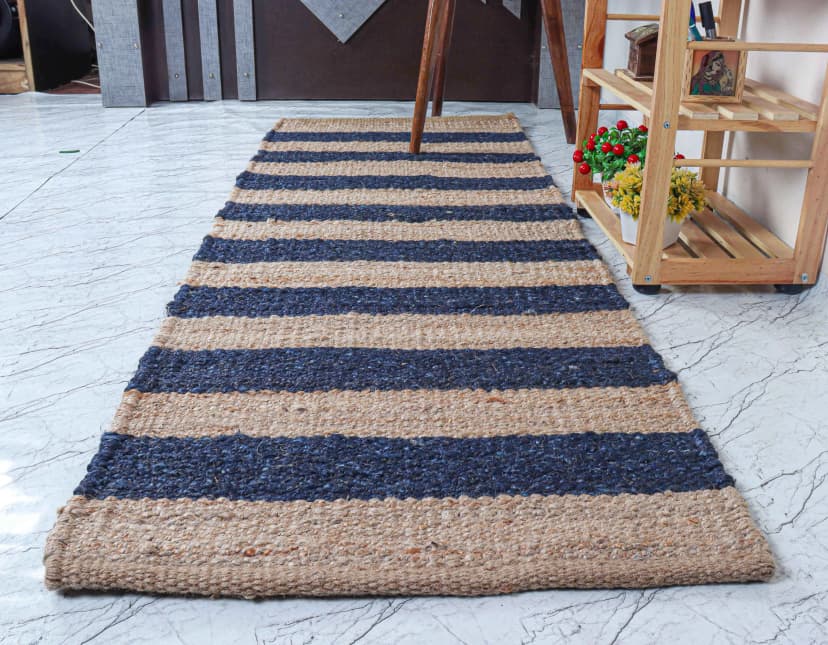 Indian Handmade Bohemian Beige with Navy Blue Stair Decor Jute Hemp Runner Rug Vintage Jute Area Rug Bohemian Hemp Runner Rug