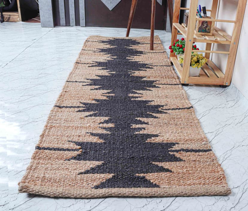 Large Area Hand Woven Stair Decor Natural Jute Hemp Runner Rug with Black Design Hemp Large Area Runner Hemp Jute Dhurrie Runner Rug Decor Home