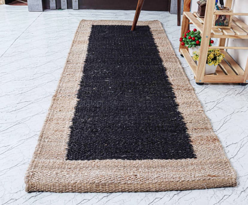 Indian Handwoven Custom Size Bohemian Black with Beige Border Decorative Jute Hemp Runner Rug For Living Room Decor Rug