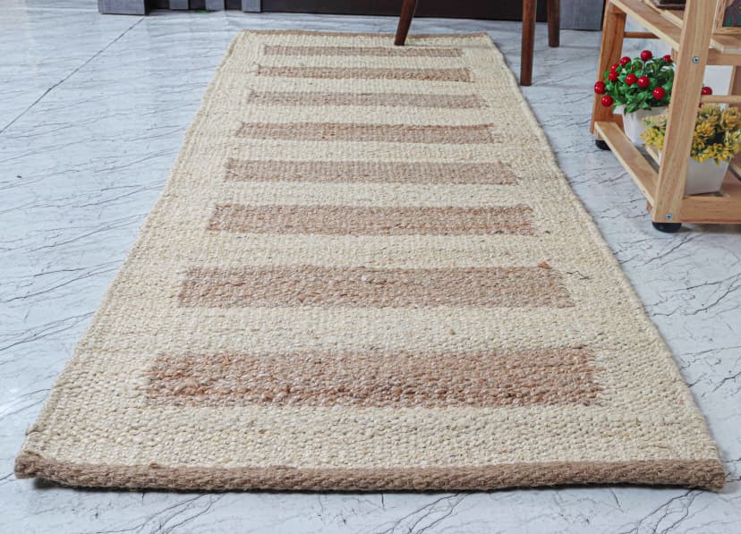 Off White Hemp Runner with Beige Stripes Line Design Hand Woven Large Area Jute Hemp Runner Rug Vintage Hemp Jute Large Dhurrie