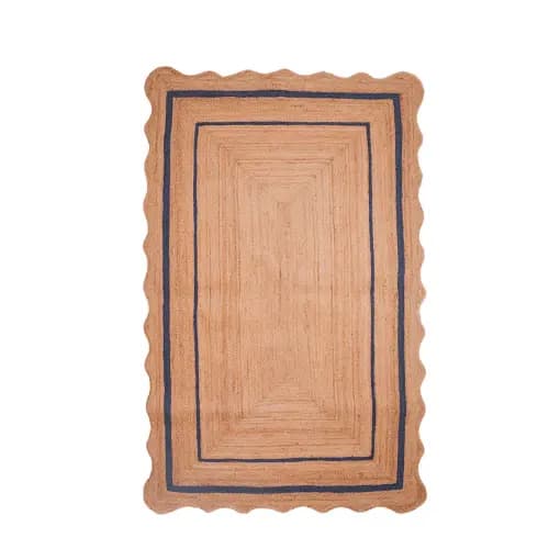 Home and Living Room Decor Hand Braided Wavy Edge Scalloped Natural Jute Rug with Multicolor Border