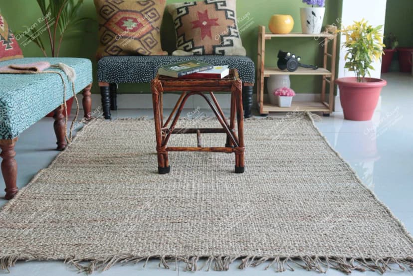 Indian Handmade Hemp Rug With Beige and Off White Color (Without fringe)