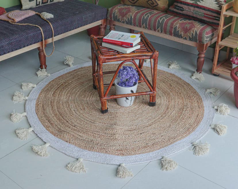 Beige with White Border and Fringes Handmade Bohemian Braided Round Jute Rug