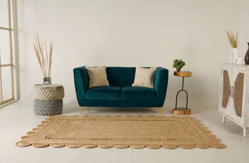 Indian Handmade Natural Braided Scalloped Rectangle Jute Rug