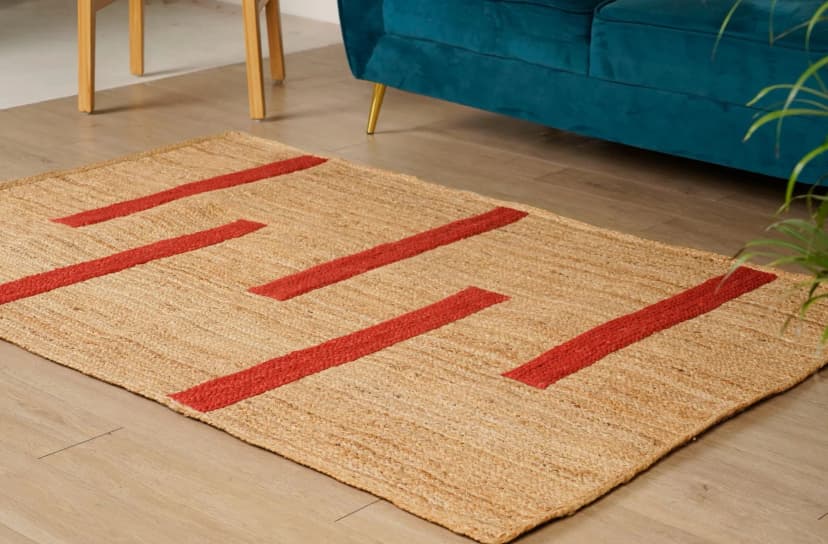 Hand Braided Rectangle Jute Rug Natural Color with Red Stripes Line