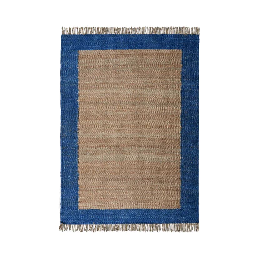 Indian Handwoven Natural Hemp Jute Rug With Blue Border Design Rug For Decorative Home And Dining Table Large Dhurrie Rug Fringes Jute Rug Vintage Jute Rug