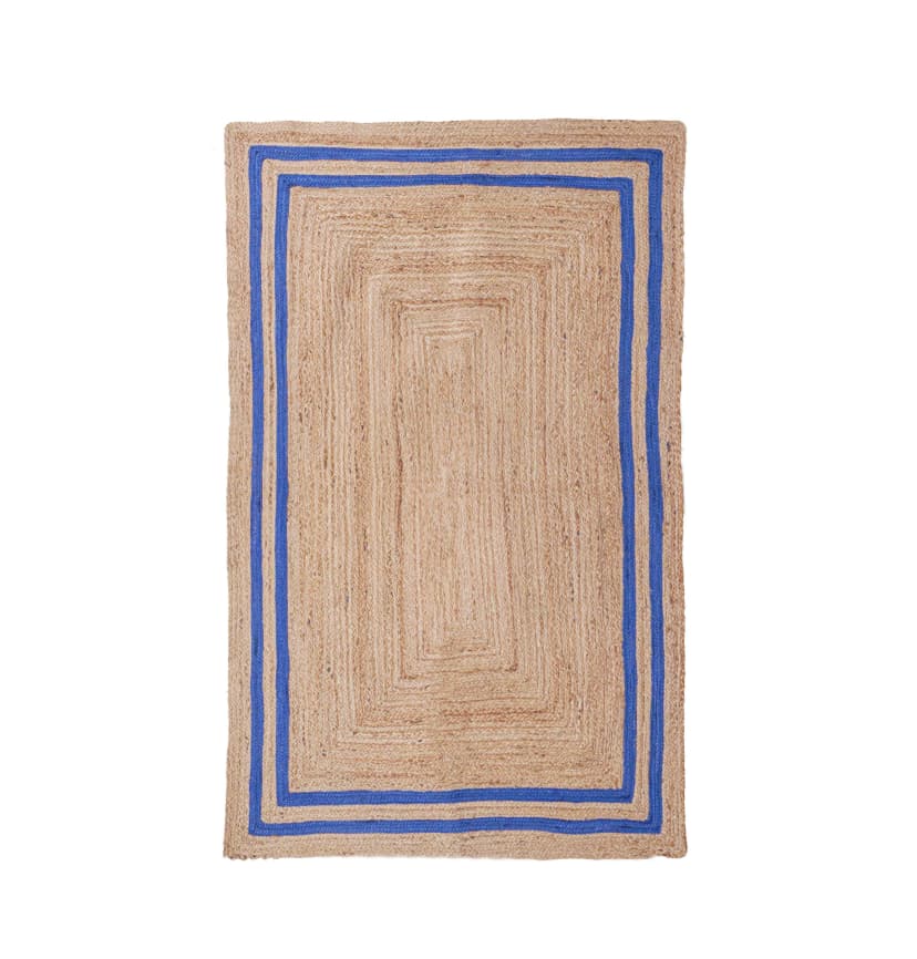 Hand Braided Rectangle Jute Rug Beige With Light Blue Double Border Jute Rug