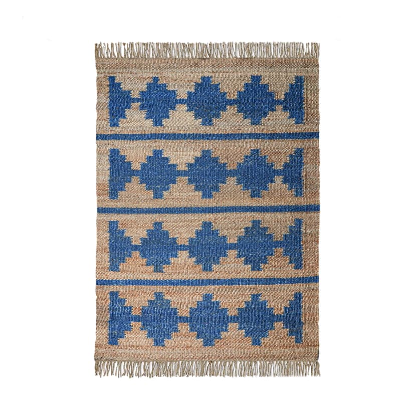 Handmade Beige Hemp Jute Rug With Blue Design Hemp Jute Rug with Fringes Jute Doormat Handmade Handwoven Area Rugs vintage area rug Home Decor Rug Vintage Large Area Rug