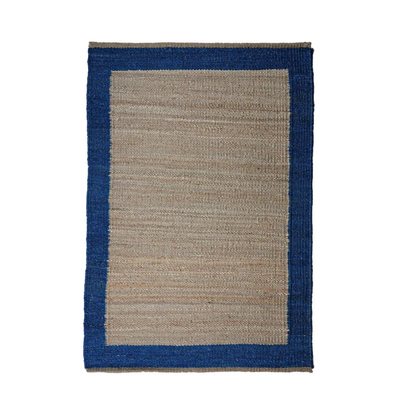 Indian Handmade Beige Hemp Rectangle Jute Rug With Blue Border Jute Rug Tufted Hemp Rug Moroccan Hemp Jute Rug Natural Fiber Hemp For Living Home Decorative Dhurrie Rug
