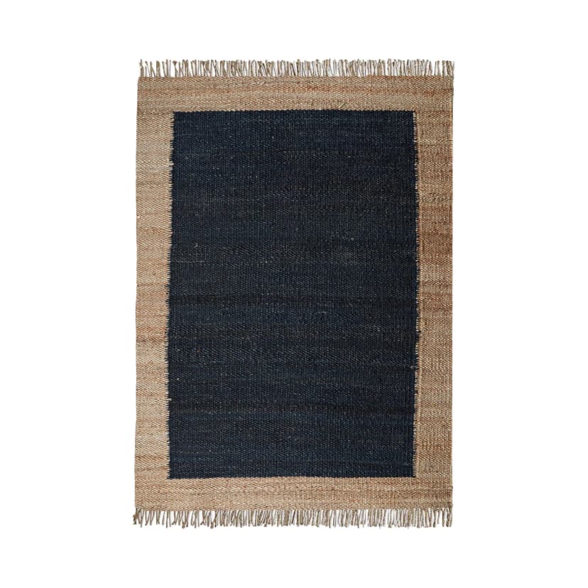 Black Rectangle Hemp Jute Rug Handwoven Large Area Rug Vintage Large Dhurrie Rug Natural Fringes Jute Rug Beige Border Jute Rug For Living Home Decorative Jute Rug