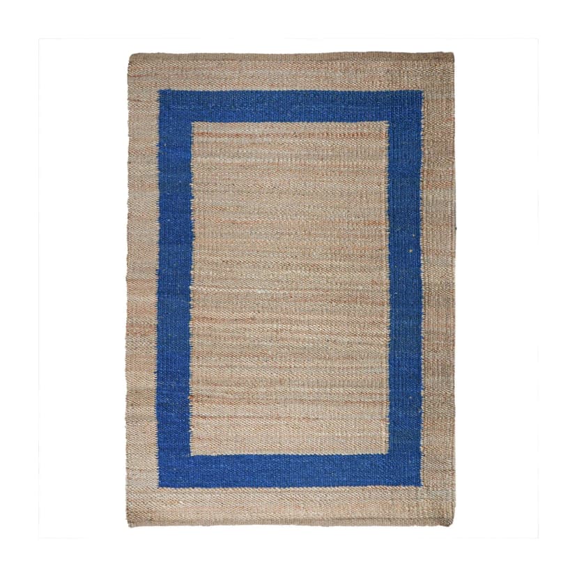 Indian Handmade Rectangle Beige Jute Hemp Rug with Blue Border Boho Decor Hemp Jute Carpet Hallway Decor Hemp Jute Rectangle Hemp For Farmhouse Decor Rug Living Home