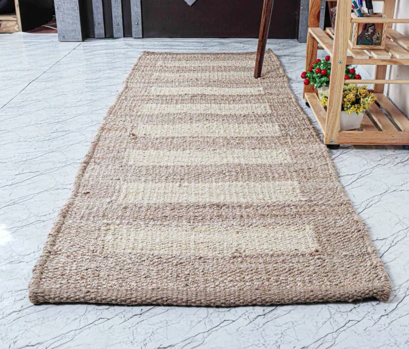 Home Decorative Hand Crafted Hemp Jute Runner Rug Beige With off White Stripes Rug Large Area Home Decor Rug Vintage Living Room and Kitchen Decor Rug