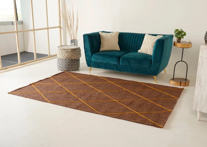Hand Braided Rectangle Jute Rug Brown With Yellow Diamond Design Rug