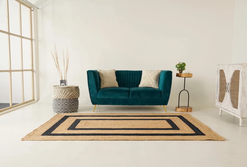 Hand Weaving Natural Rectangle Jute Rug Beige With Multicolor Border