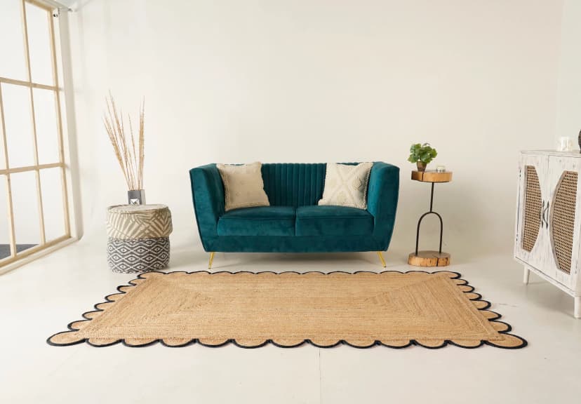 Indian Hand Braided Ractangle Jute Rug Beige With Multicolor Border